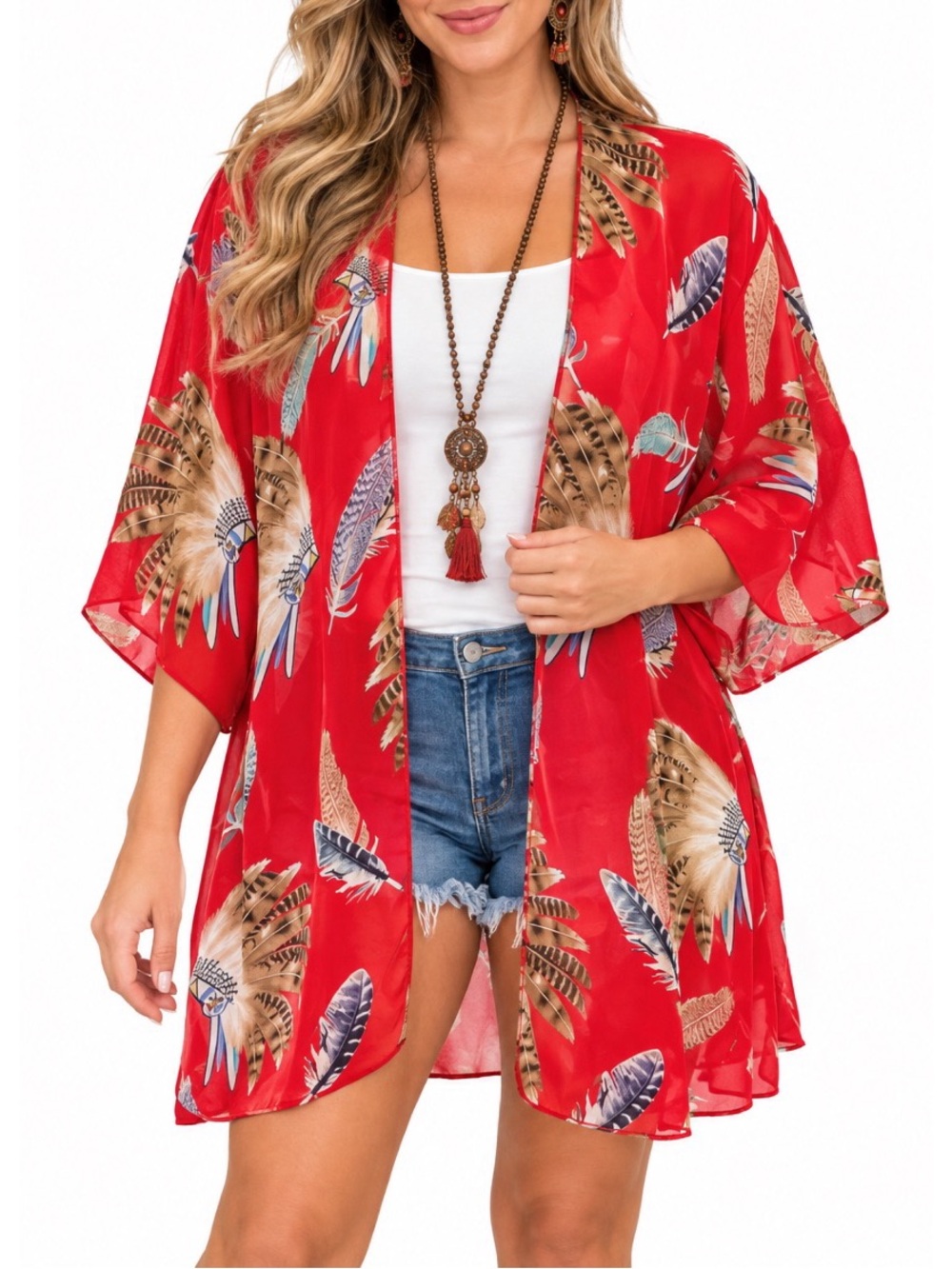 Lilypad Red Feather Print Kimono Shawl- Small